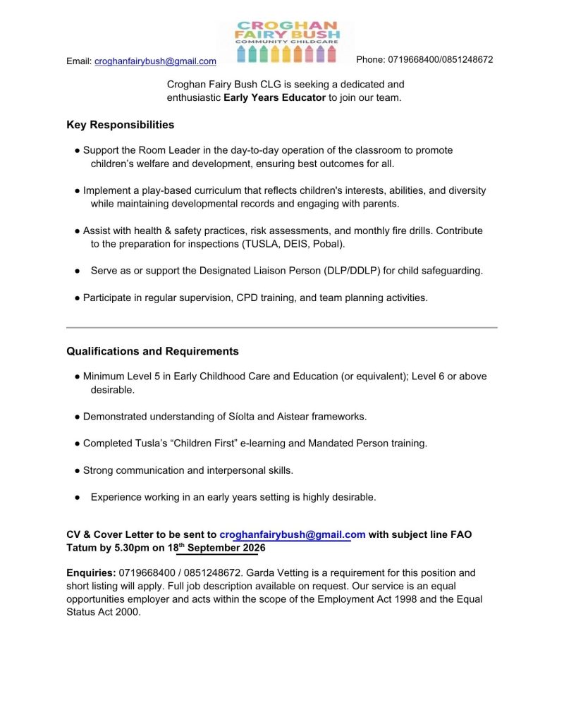 Croghan Fairy Bush are hiring an Early Years Educator (1)