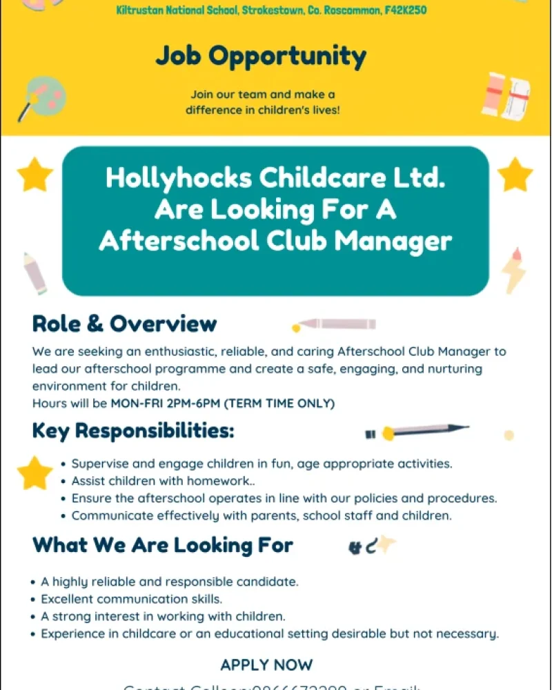 Hollyhocks Childcare Ltd are recruiting an Afterschool Club Manager