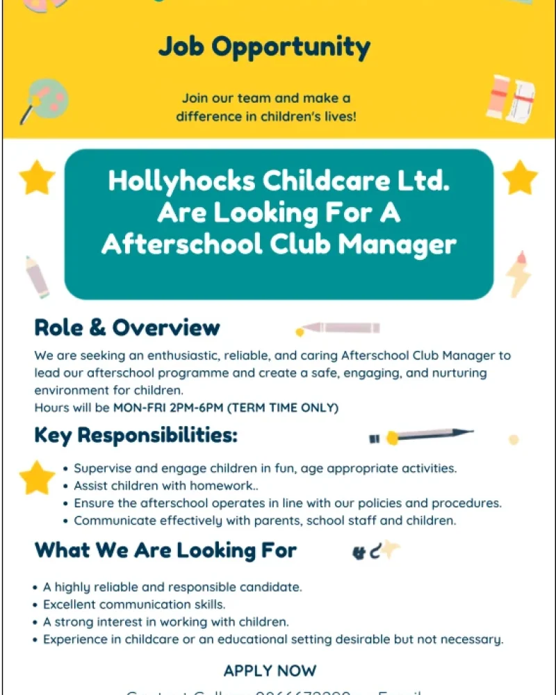 Hollyhocks Childcare4 Ltd are looking to recruit an Afterschool Manager at Aughrim National School, Afterschool Club