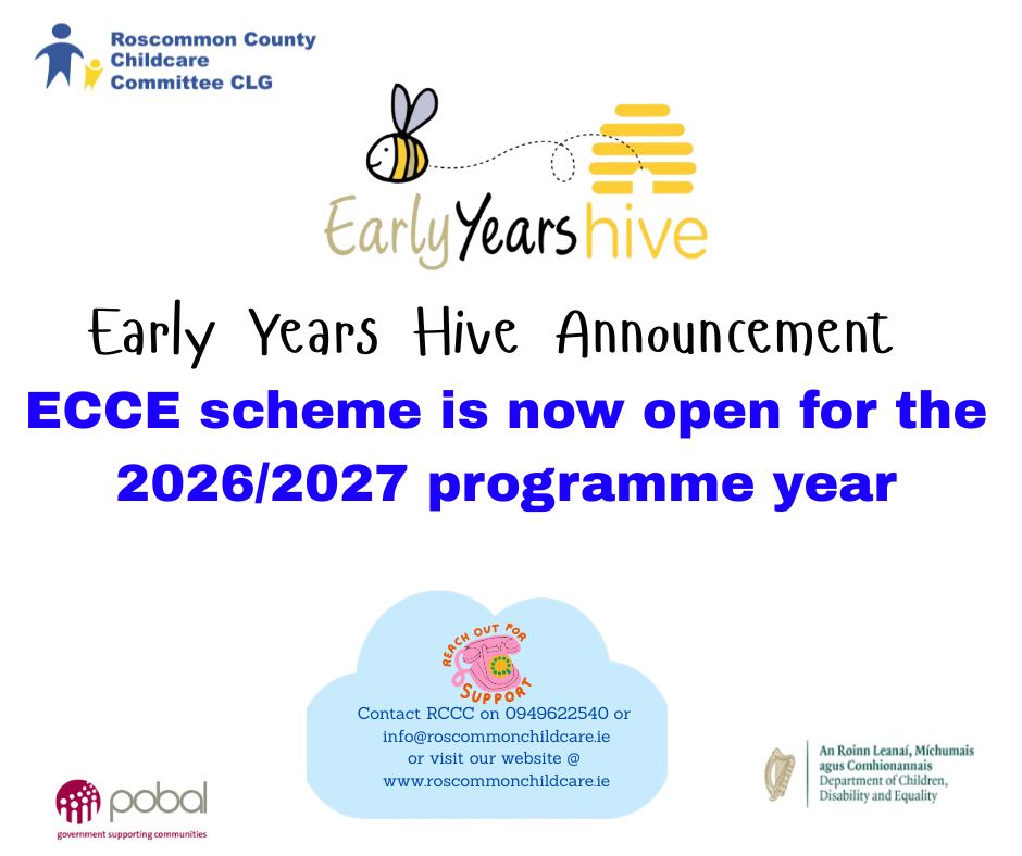 Dear Service Provider,The Early Childhood Care and Education (ECCE) scheme is now open for the 2026/2027 programme year.Please ensure you have activated your ECCE 2026/2027 funding agreement.We would also like to remind you that NCS subsidies cannot be claimed for hours that a child is in ECCE.You can find guidance and documentation on the Early Years Hive to support you with ECCE.Regards,
The Early Years Team