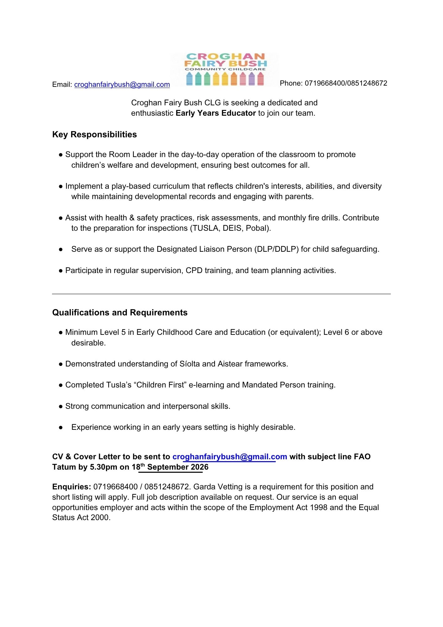 Croghan Fairy Bush are hiring an Early Years Educator (1)